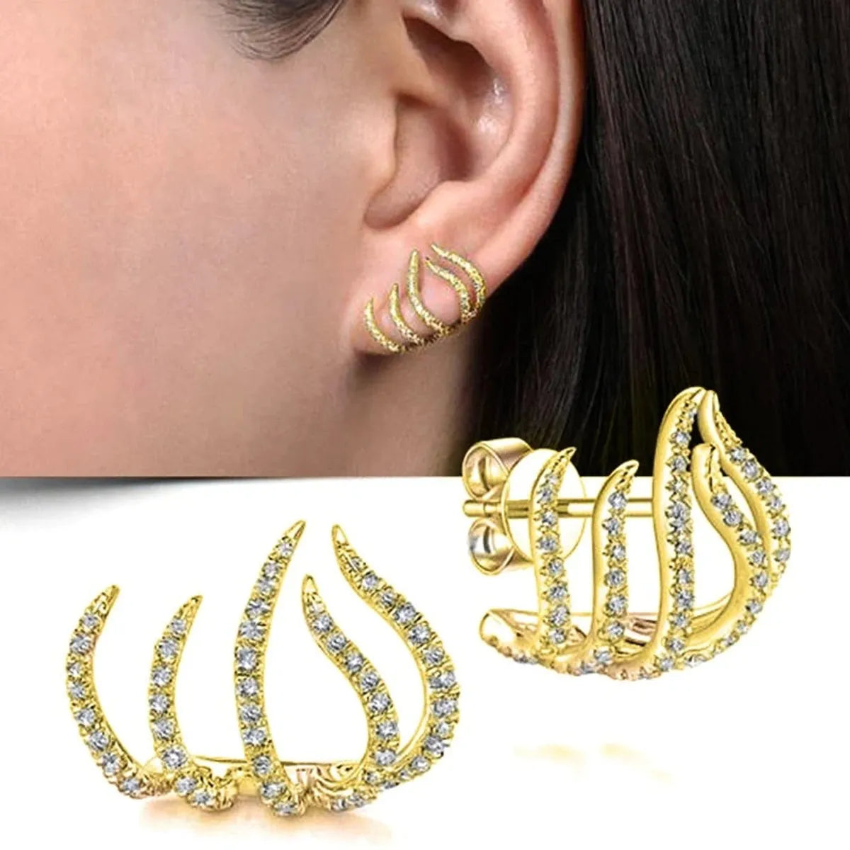 1 Pair Simple Style Commute Lines Plating Inlay Metal Rhinestones Ear Studs