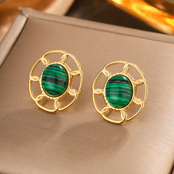1 Pair Simple Style Commute Oval Plating Hollow Out Inlay 304 Stainless Steel Turquoise Opal Turquoise Opal Pearl 18K Gold Plated Ear Studs
