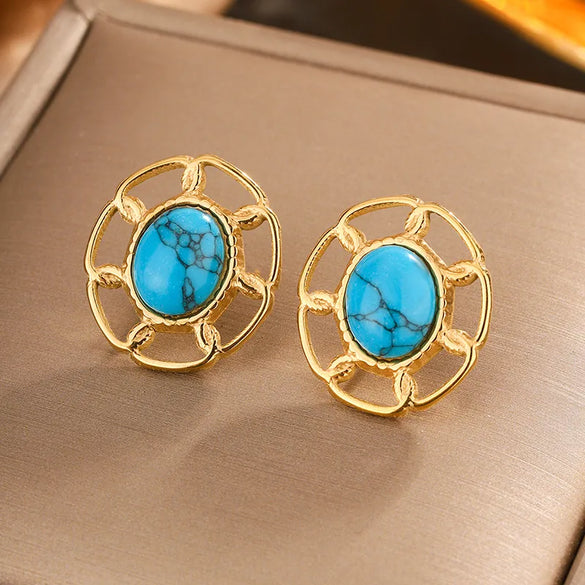1 Pair Simple Style Commute Oval Plating Hollow Out Inlay 304 Stainless Steel Turquoise Opal Turquoise Opal Pearl 18K Gold Plated Ear Studs