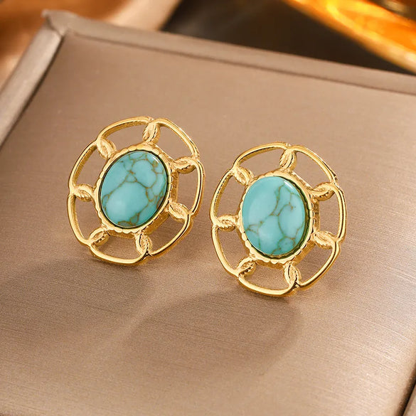 1 Pair Simple Style Commute Oval Plating Hollow Out Inlay 304 Stainless Steel Turquoise Opal Turquoise Opal Pearl 18K Gold Plated Ear Studs