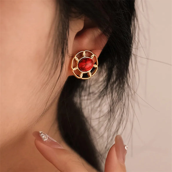 1 Pair Simple Style Commute Oval Plating Hollow Out Inlay 304 Stainless Steel Turquoise Opal Turquoise Opal Pearl 18K Gold Plated Ear Studs