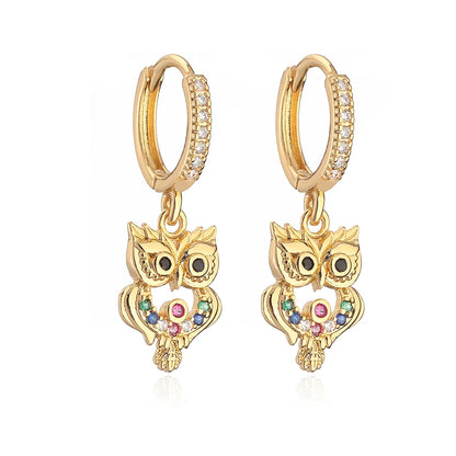 1 Pair Simple Style Commute Owl Plating Inlay Copper Zircon 18k Gold Plated Drop Earrings