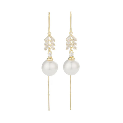 1 Pair Simple Style Commute Round Plating Inlay Copper Artificial Pearls Rhinestones 14k Gold Plated Dangling Earrings