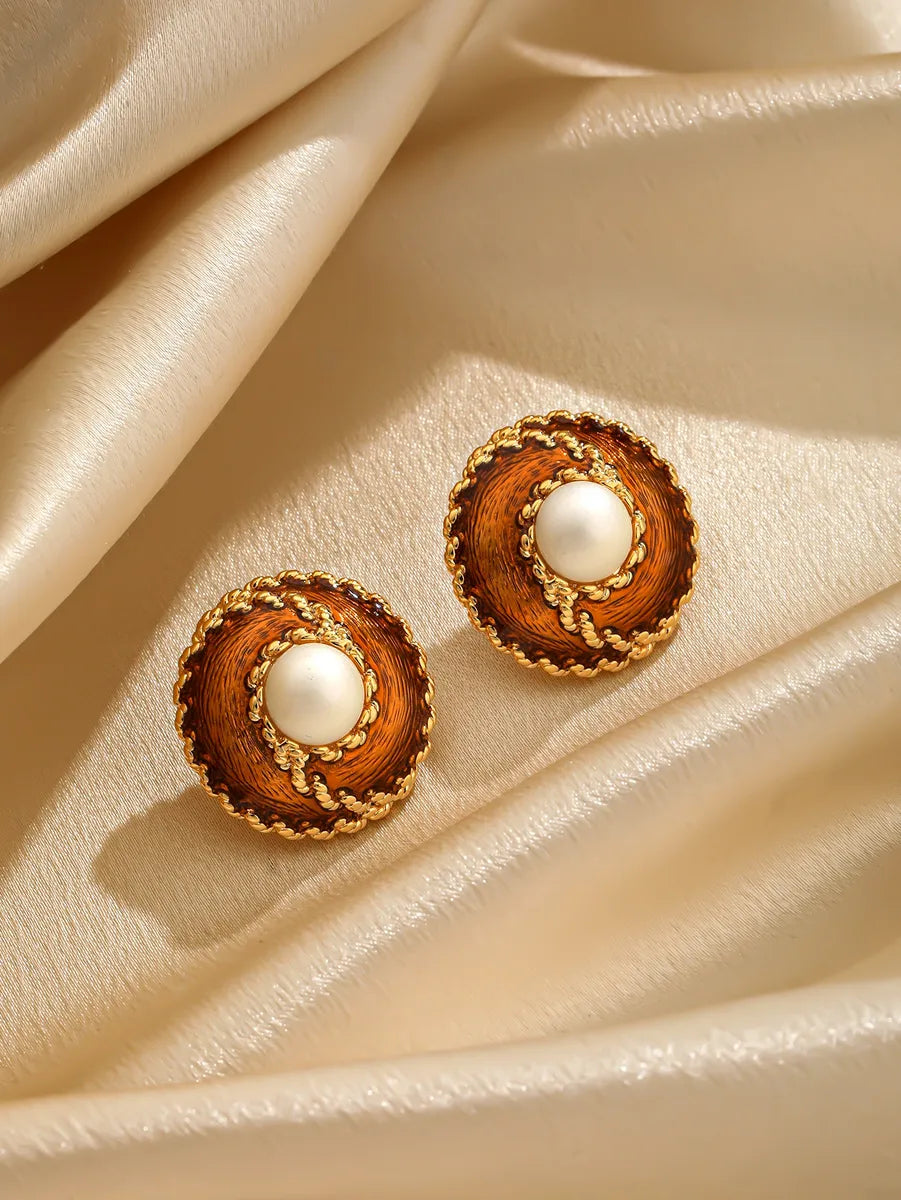 1 Pair Simple Style Commute Round Plating Inlay Copper Pearl 18k Gold Plated Ear Studs