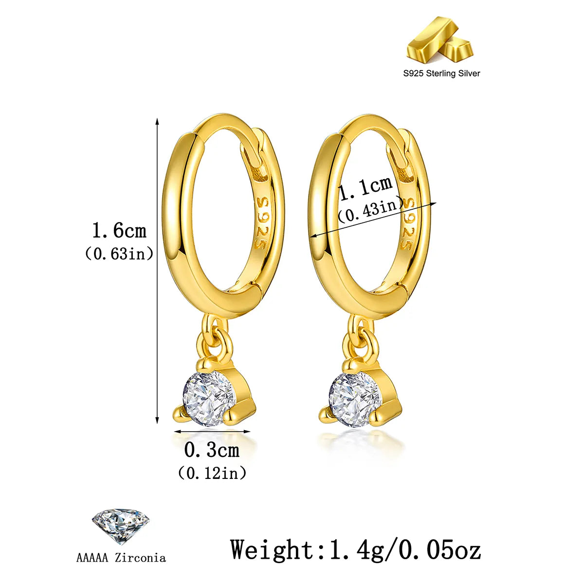 1 Pair Simple Style Commute Round Plating Inlay Sterling Silver Zircon 18k Gold Plated White Gold Plated Drop Earrings