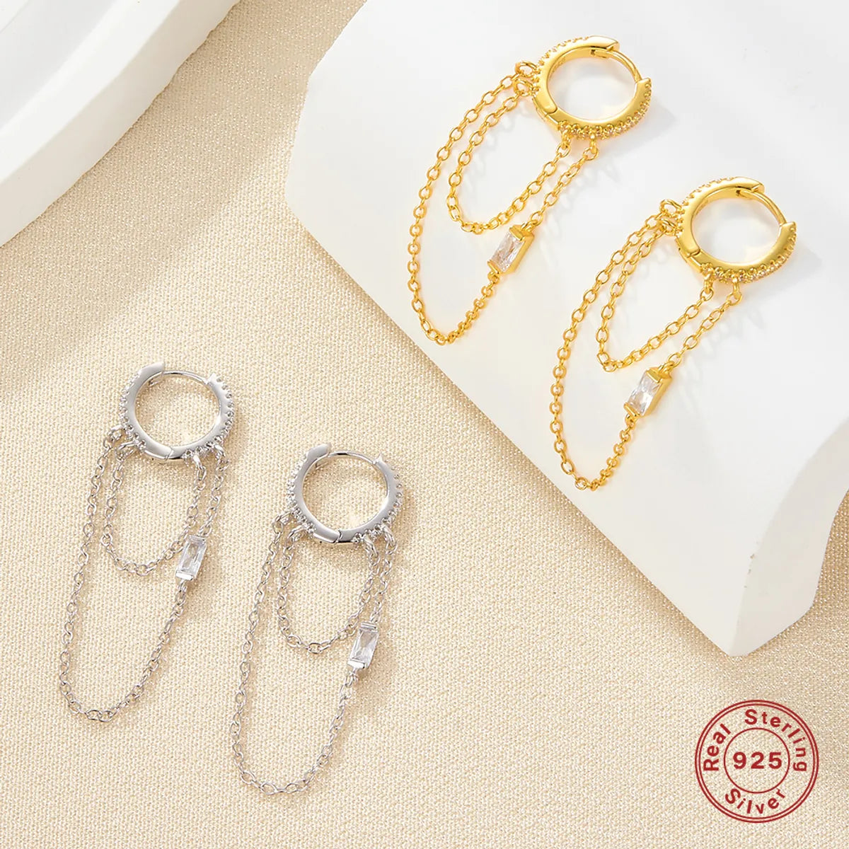 1 Pair Simple Style Commute Solid Color Plating Chain Inlay Sterling Silver Zircon 18k Gold Plated White Gold Plated Earrings