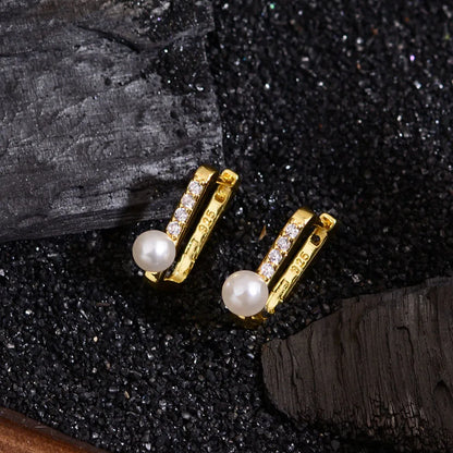 1 Pair Simple Style Commute Square Inlay Copper Pearl Zircon Gold Plated Earrings