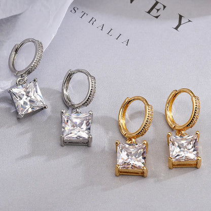 1 Pair Simple Style Commute Square Plating Inlay Copper Zircon 18k Gold Plated Drop Earrings