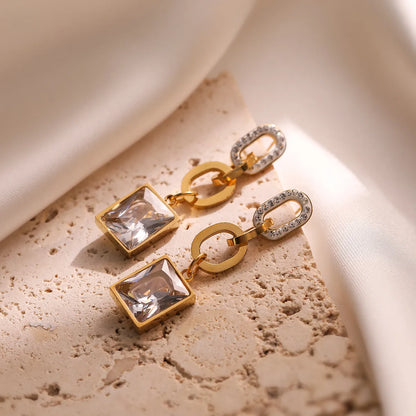 1 Pair Simple Style Commute Square Plating Inlay 304 Stainless Steel Zircon 18K Gold Plated Drop Earrings