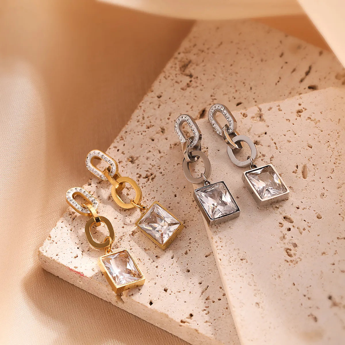 1 Pair Simple Style Commute Square Plating Inlay 304 Stainless Steel Zircon 18K Gold Plated Drop Earrings