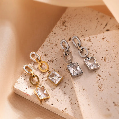 1 Pair Simple Style Commute Square Plating Inlay 304 Stainless Steel Zircon 18K Gold Plated Drop Earrings