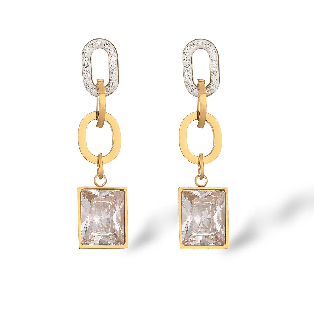 1 Pair Simple Style Commute Square Plating Inlay 304 Stainless Steel Zircon 18K Gold Plated Drop Earrings