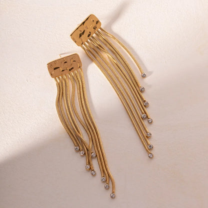 1 Pair Simple Style Commute Tassel Solid Color Plating Inlay Stainless Steel Rhinestones 18k Gold Plated Drop Earrings