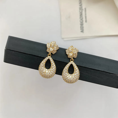 1 Pair Simple Style Commute Water Droplets Plating Inlay Copper Zircon 18K Gold Plated Drop Earrings