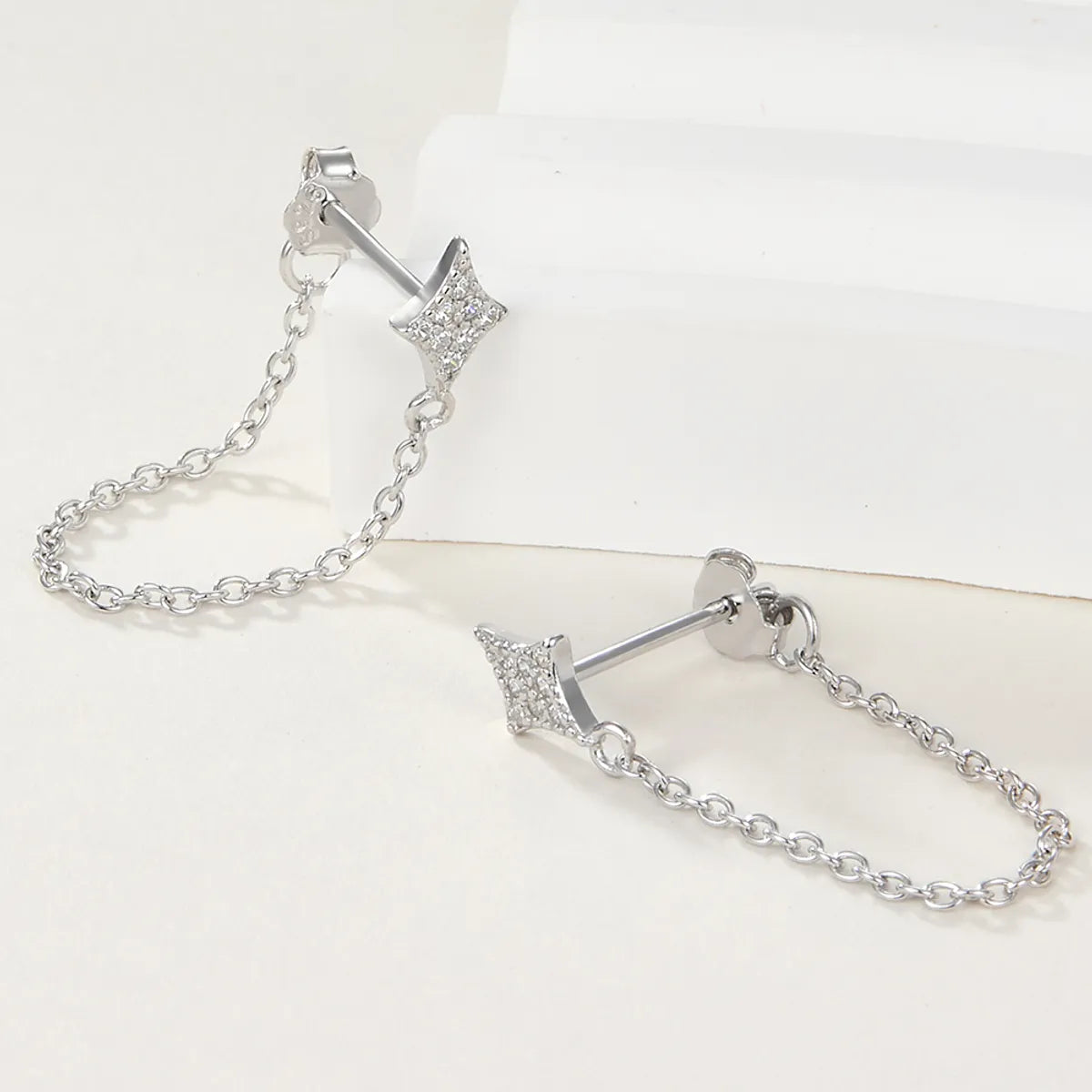 1 Pair Simple Style Cool Style Star Plating Chain Inlay Sterling Silver Zircon 18k Gold Plated White Gold Plated Earrings