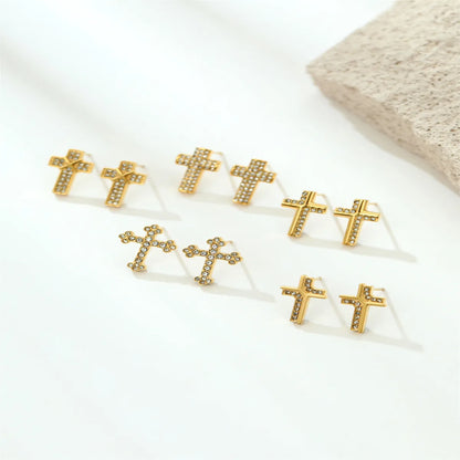 1 Pair Simple Style Cross Inlay 304 Stainless Steel Moissanite Gold Plated Ear Studs