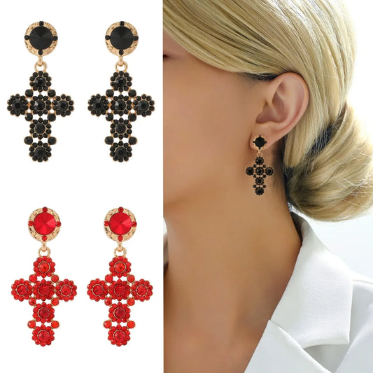 1 Pair Simple Style Cross Inlay Alloy Glass Drop Earrings