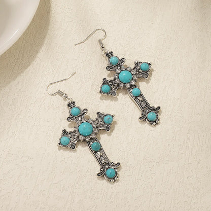 1 Pair Simple Style Cross Inlay Alloy Turquoise Drop Earrings