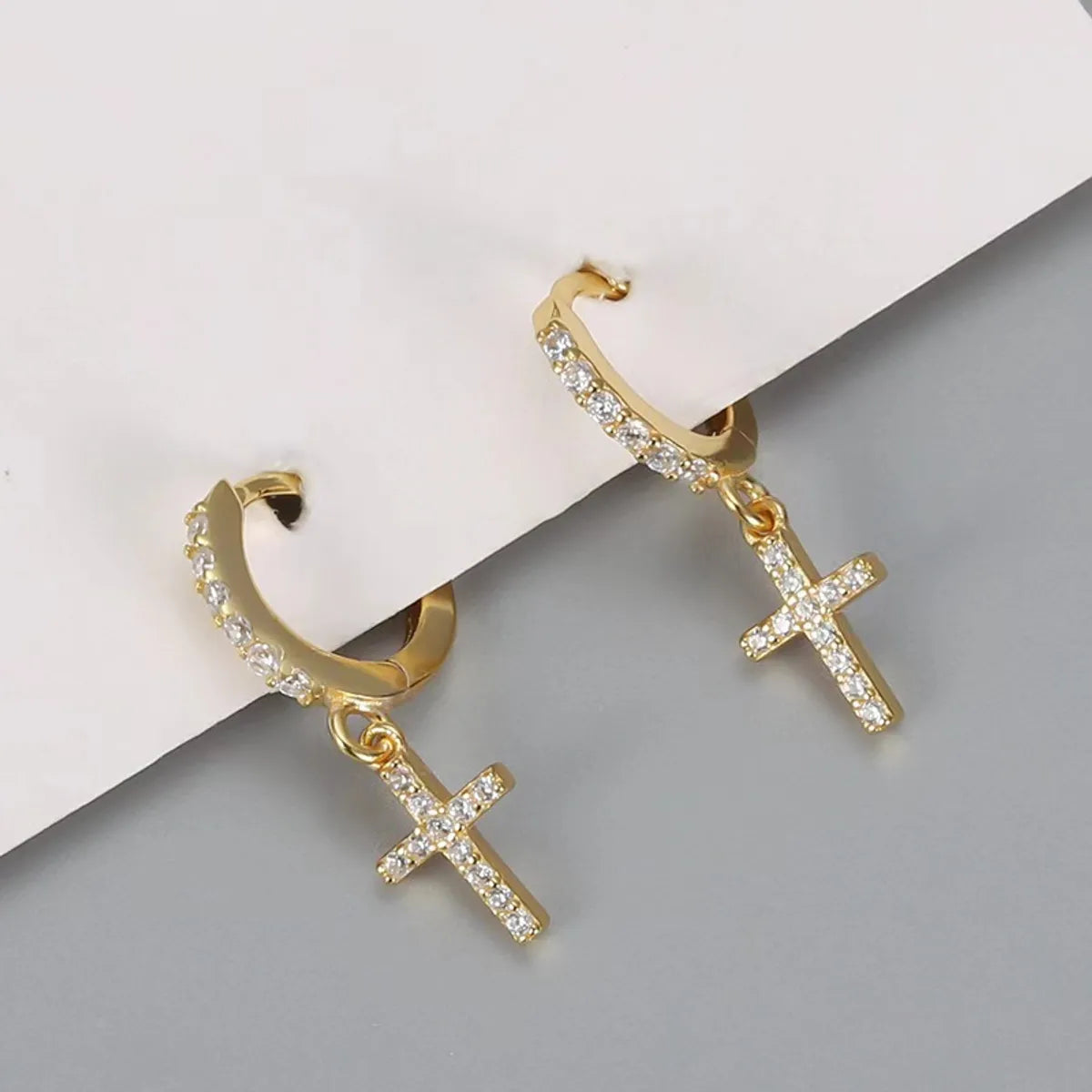 1 Pair Simple Style Cross Inlay Copper Rhinestones Drop Earrings