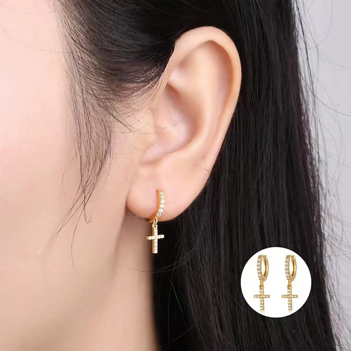 1 Pair Simple Style Cross Inlay Copper Rhinestones Drop Earrings