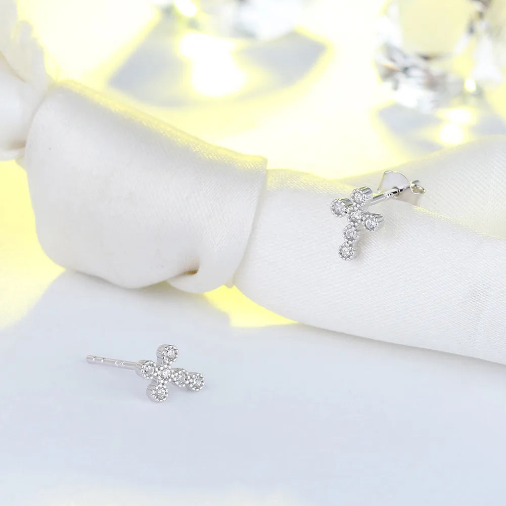 1 Pair Simple Style Cross Inlay Sterling Silver Zircon Ear Studs