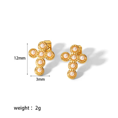 1 Pair Simple Style Cross Moon Polishing Plating Inlay Stainless Steel Zircon 18k Gold Plated Ear Studs