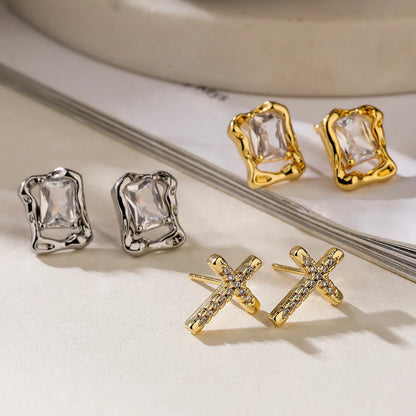 1 Pair Simple Style Cross Plating Inlay Copper Zircon 18k Gold Plated Ear Studs