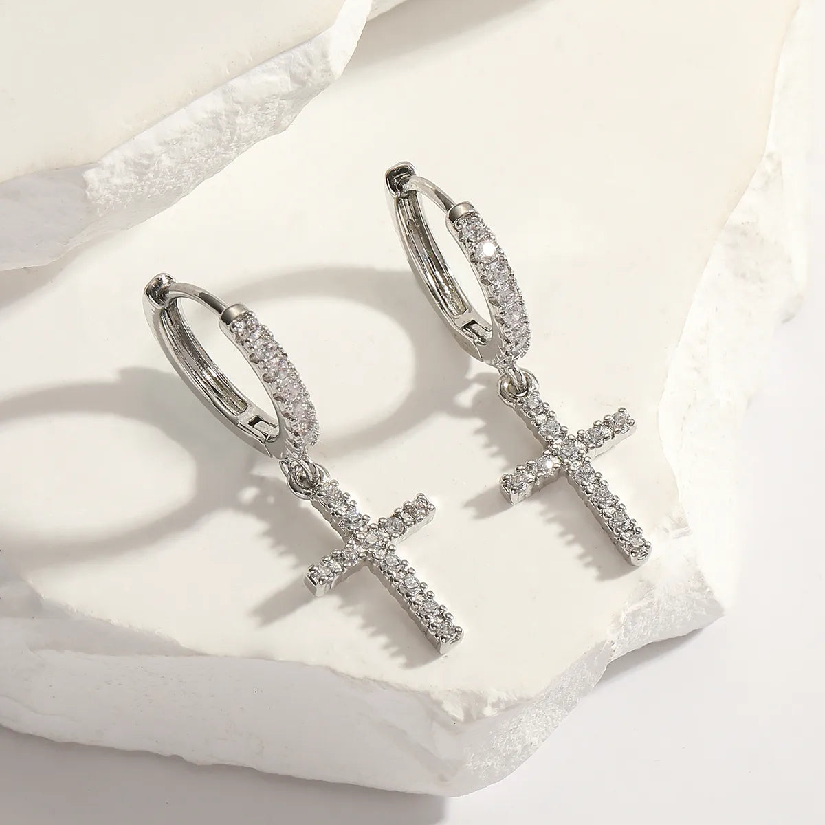 1 Pair Simple Style Cross Plating Inlay Copper Zircon White Gold Plated Gold Plated Drop Earrings