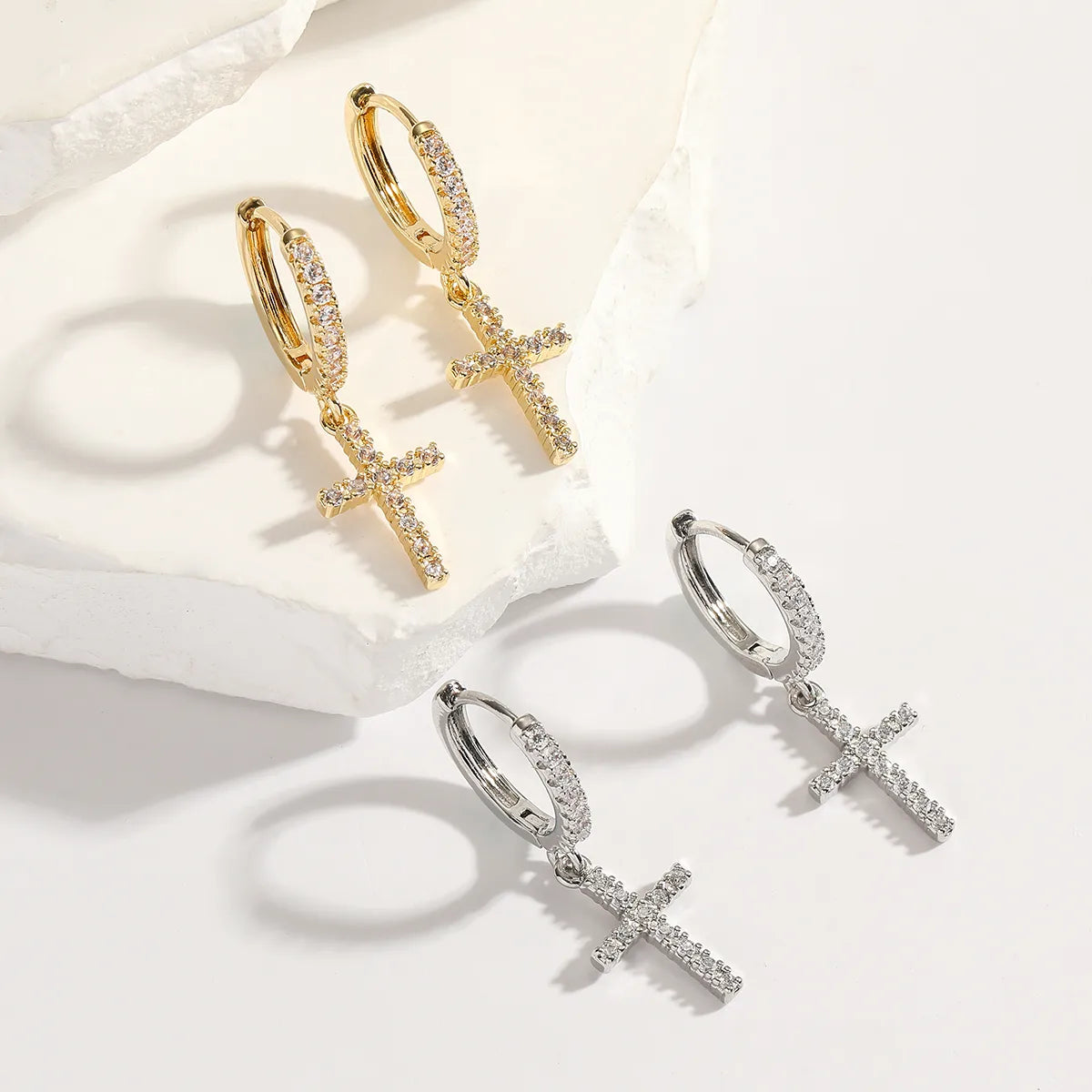 1 Pair Simple Style Cross Plating Inlay Copper Zircon White Gold Plated Gold Plated Drop Earrings