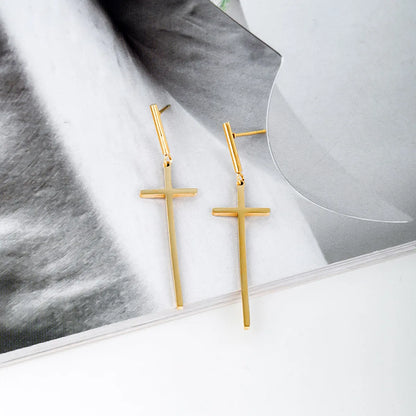 1 Pair Simple Style Cross Plating Stainless Steel 14k Gold Plated White Gold Plated Drop Earrings