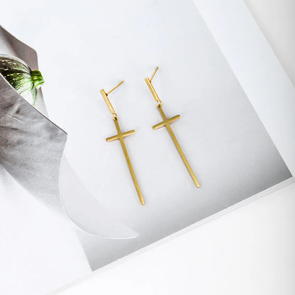 1 Pair Simple Style Cross Plating Stainless Steel 14k Gold Plated White Gold Plated Drop Earrings