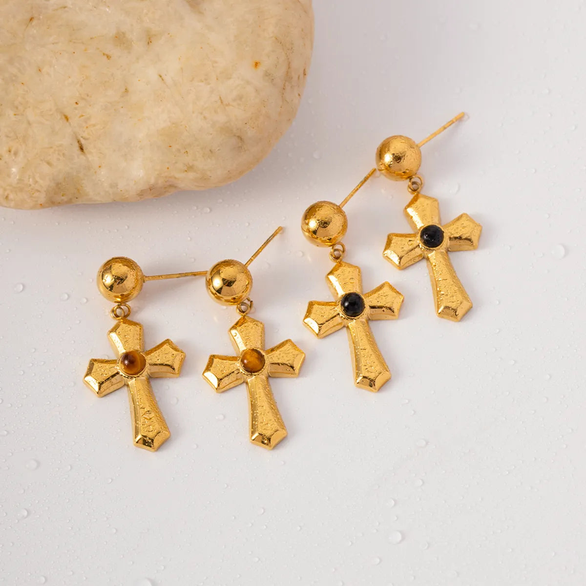 1 Pair Simple Style Cross Plating Stainless Steel 18k Gold Plated Drop Earrings