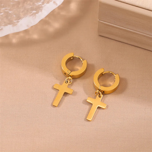 1 Pair Simple Style Cross Round Plating Stainless Steel 18k Gold Plated Earrings