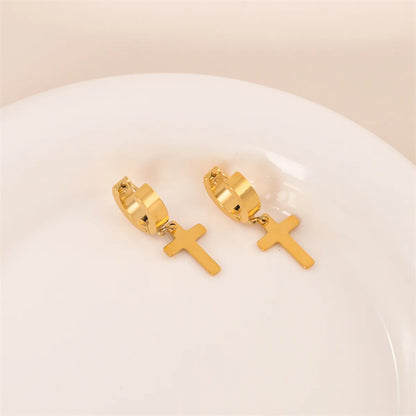 1 Pair Simple Style Cross Round Plating Stainless Steel 18k Gold Plated Earrings