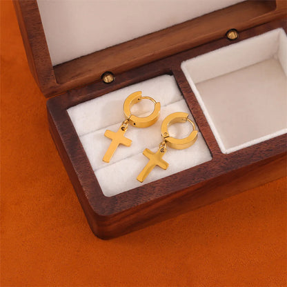 1 Pair Simple Style Cross Round Plating Stainless Steel 18k Gold Plated Earrings