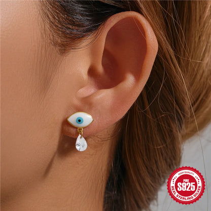 1 Pair Simple Style Devil's Eye Water Droplets Enamel Plating Zircon Sterling Silver Drop Earrings