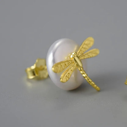 1 Pair Simple Style Dragonfly Plating Freshwater Pearl Sterling Silver Ear Studs