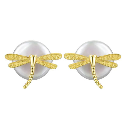 1 Pair Simple Style Dragonfly Plating Freshwater Pearl Sterling Silver Ear Studs