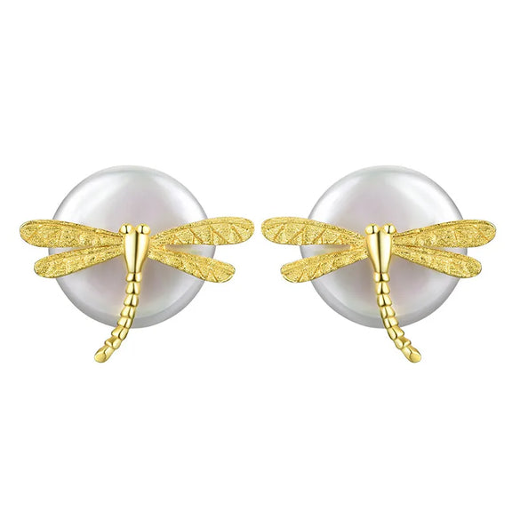 1 Pair Simple Style Dragonfly Plating Freshwater Pearl Sterling Silver Ear Studs