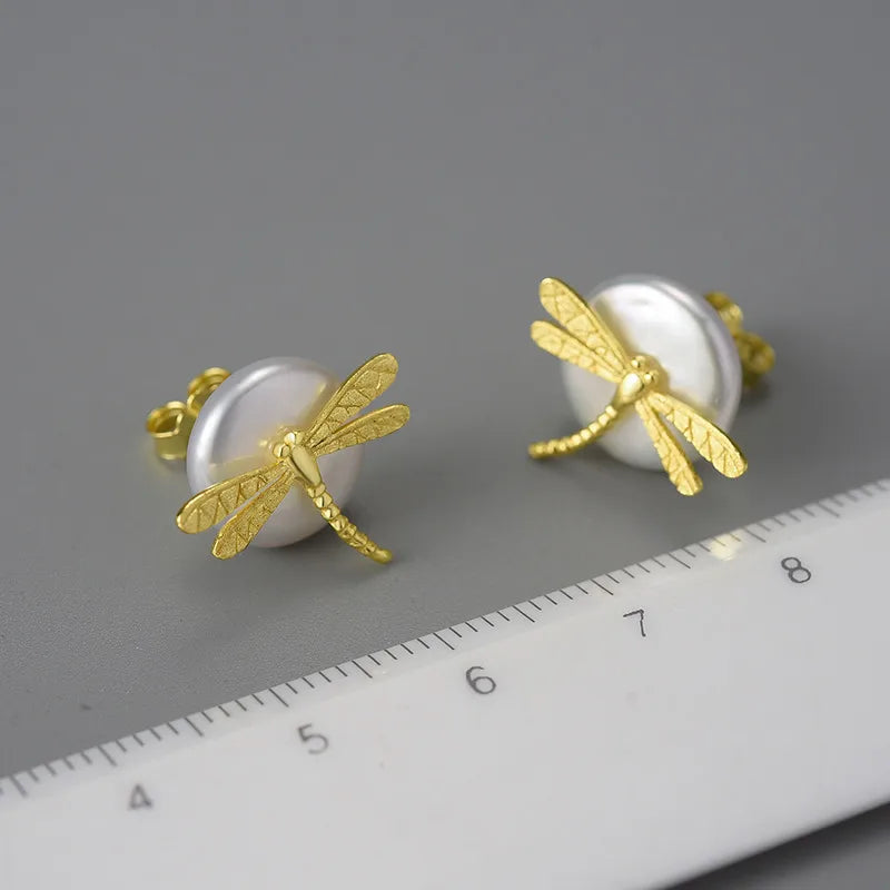 1 Pair Simple Style Dragonfly Plating Freshwater Pearl Sterling Silver Ear Studs