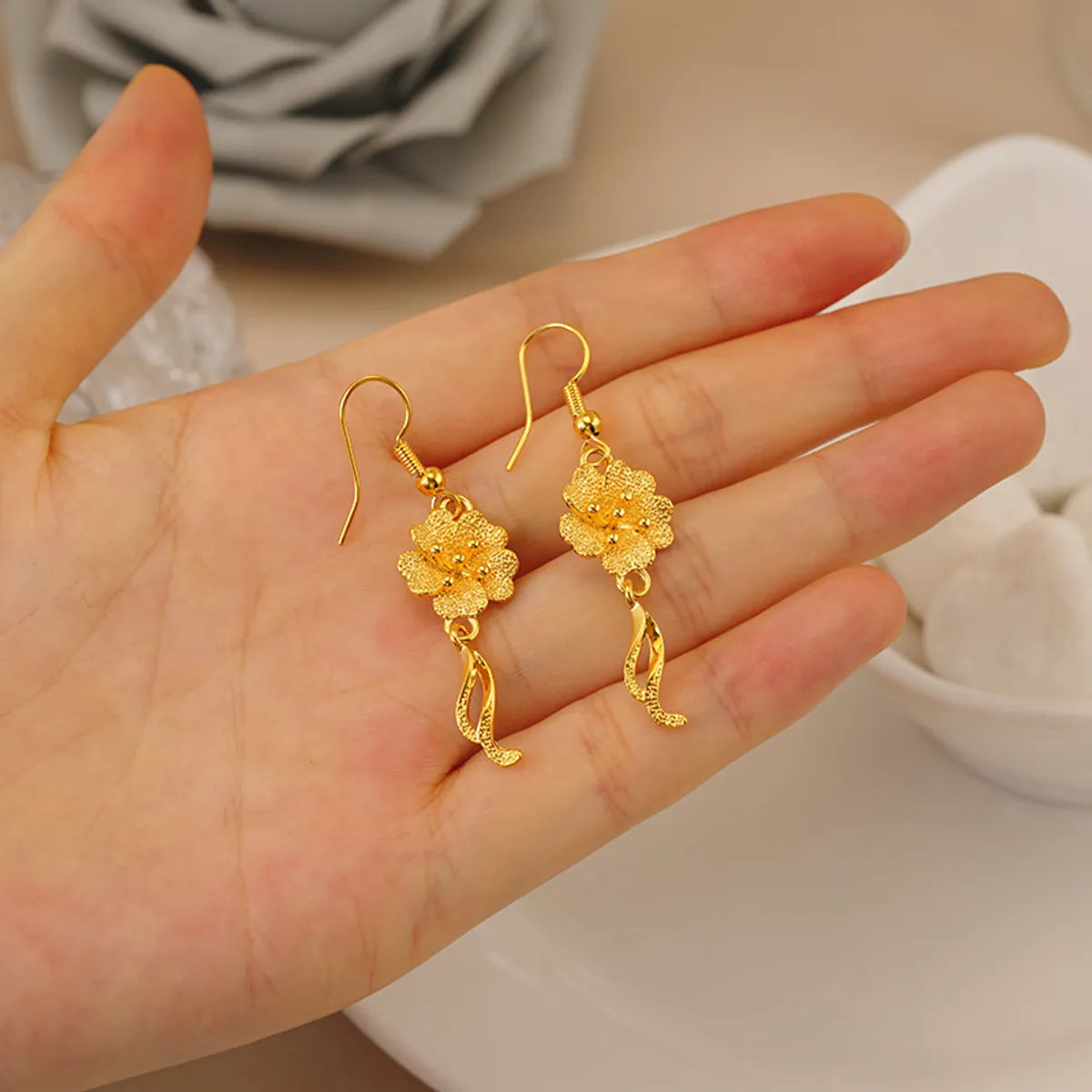 1 Pair Simple Style Flower Bow Knot Copper Plating Drop Earrings