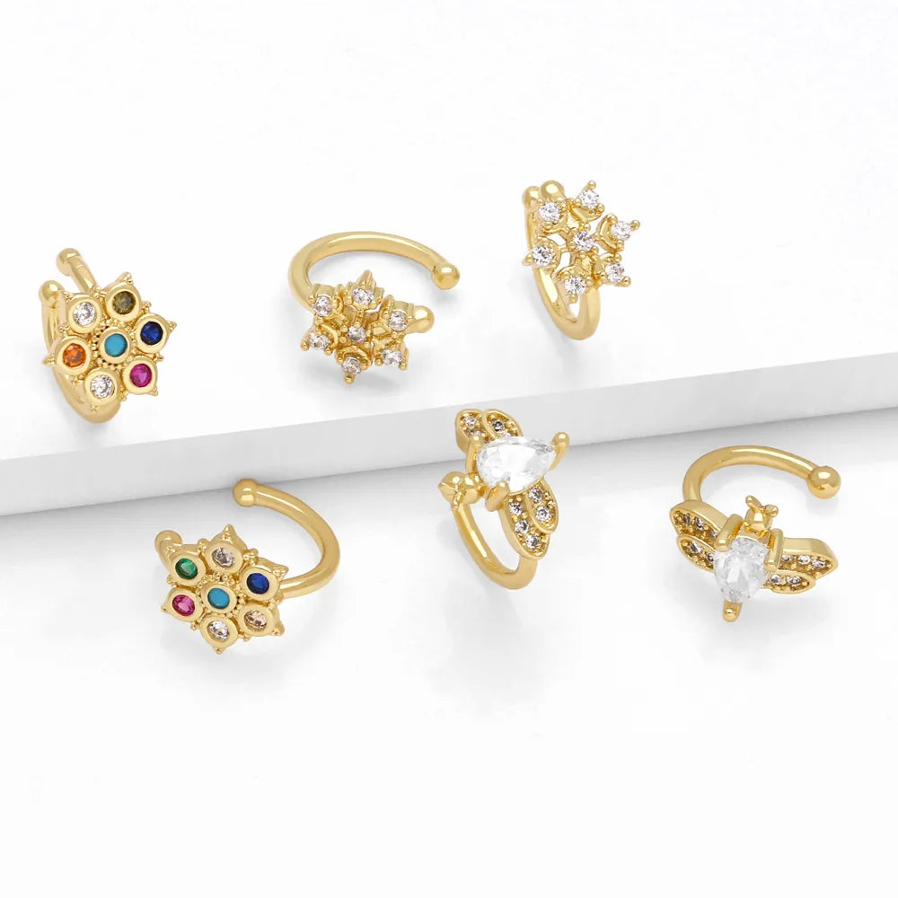 1 Pair Simple Style Flower Butterfly Snowflake Inlay Copper Zircon 18K Gold Plated Ear Cuffs