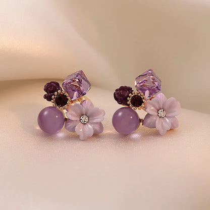 1 Pair Simple Style Flower Copper Enamel Rhinestones Drop Earrings Ear Studs