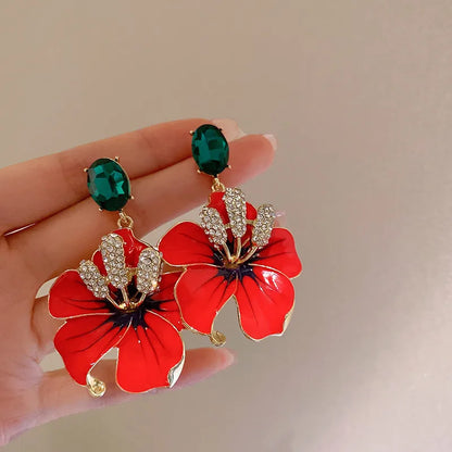 1 Pair Simple Style Flower Copper Enamel Rhinestones Drop Earrings Ear Studs