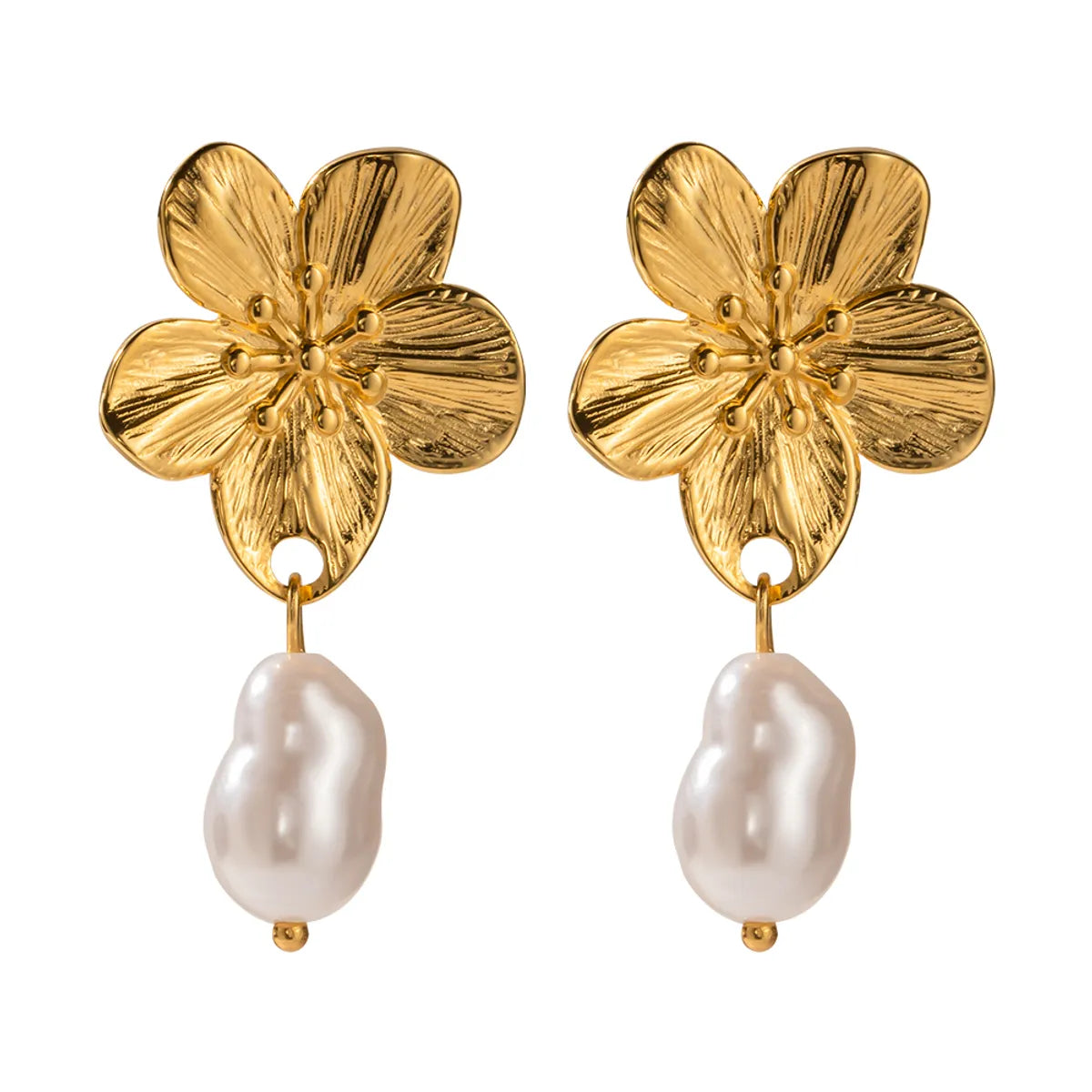 1 Pair Simple Style Flower Inlay Stainless Steel Pearl 18k Gold Plated Drop Earrings