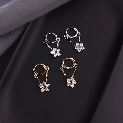 1 Pair Simple Style Flower Inlay Copper Zircon Drop Earrings