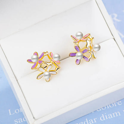 1 Pair Simple Style Flower Plating Inlay Copper Pearl Zircon 24k Gold Plated Ear Studs