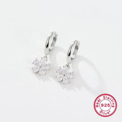 1 Pair Simple Style Flower Plating Inlay Sterling Silver Zircon White Gold Plated Drop Earrings