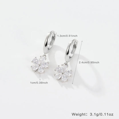 1 Pair Simple Style Flower Plating Inlay Sterling Silver Zircon White Gold Plated Drop Earrings