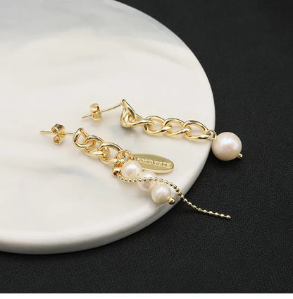 1 Pair Simple Style Geometric Color Block Plating Freshwater Pearl Sterling Silver 18k Gold Plated Drop Earrings